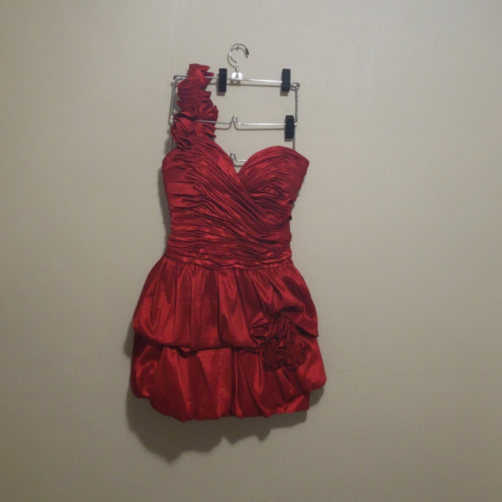 Red 80s Prom one shoulder dress